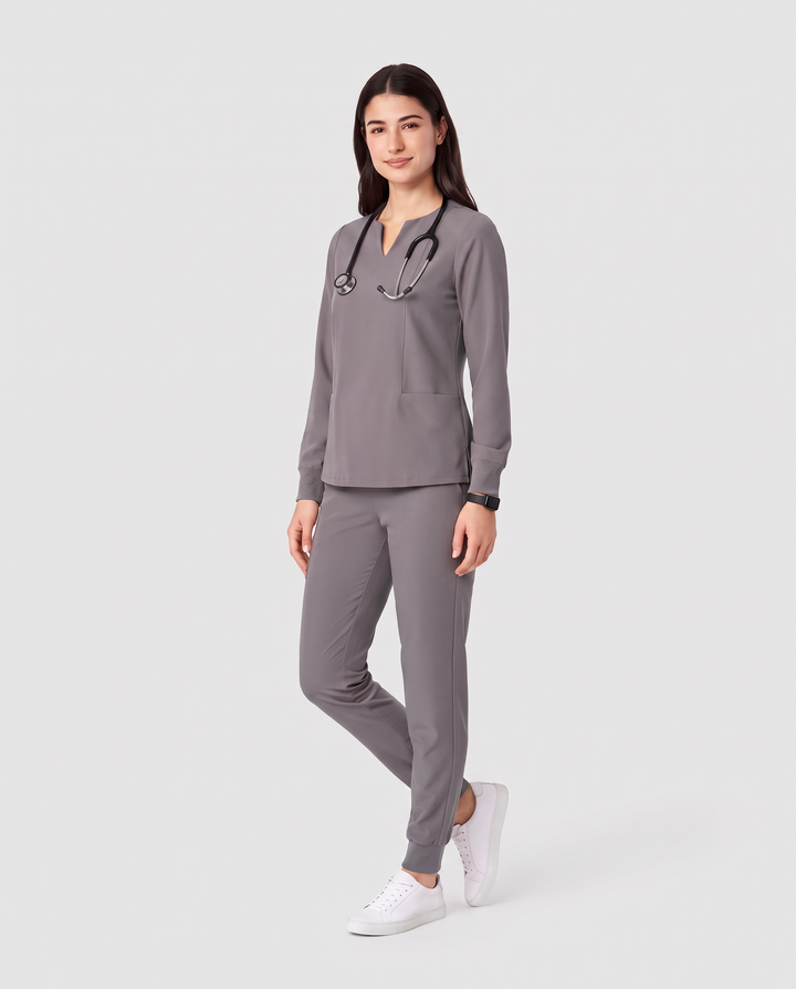 Long-Sleeve Notch Neck Top Heather Gray