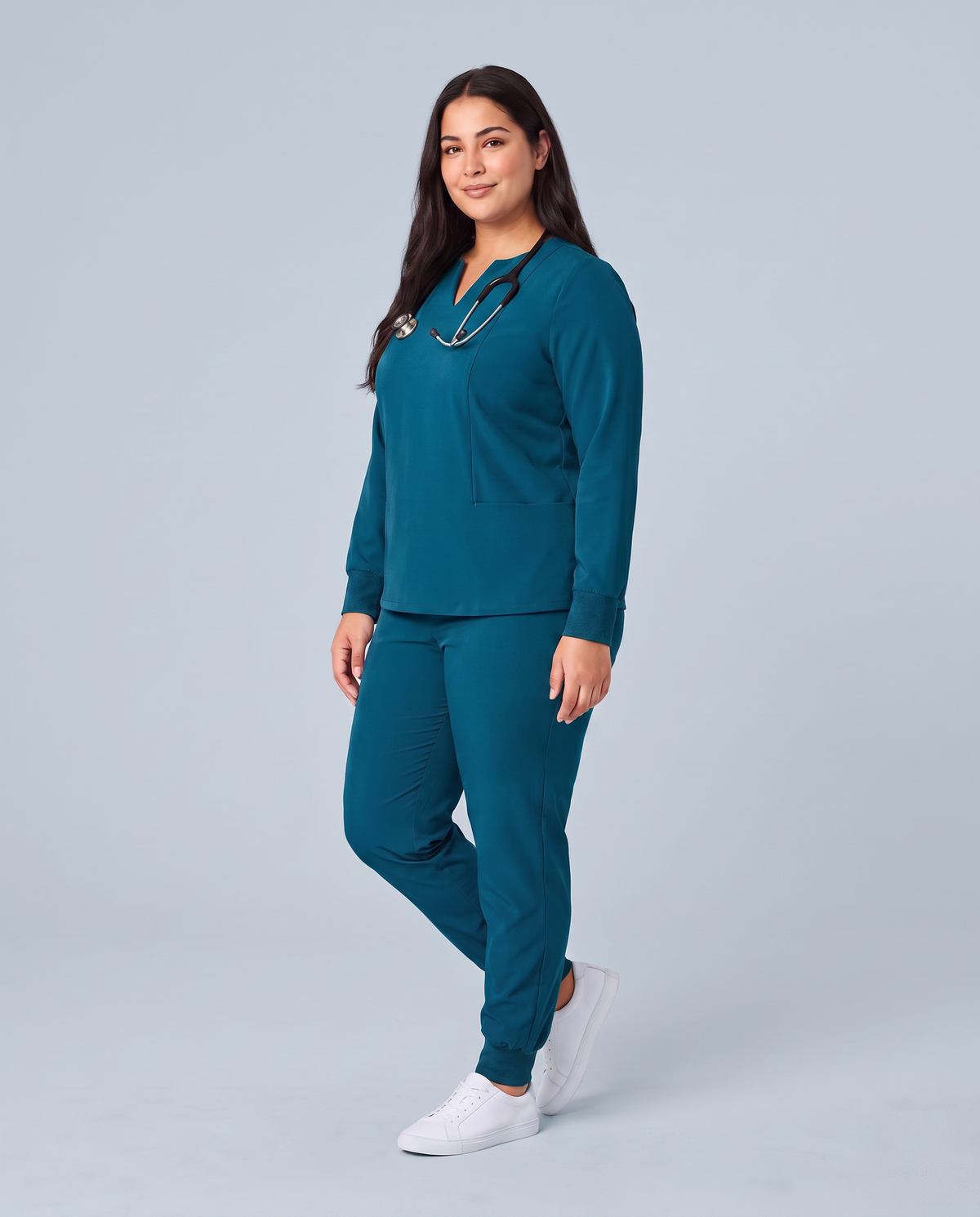 Long-Sleeve Notch Neck Top Caribbean Blue