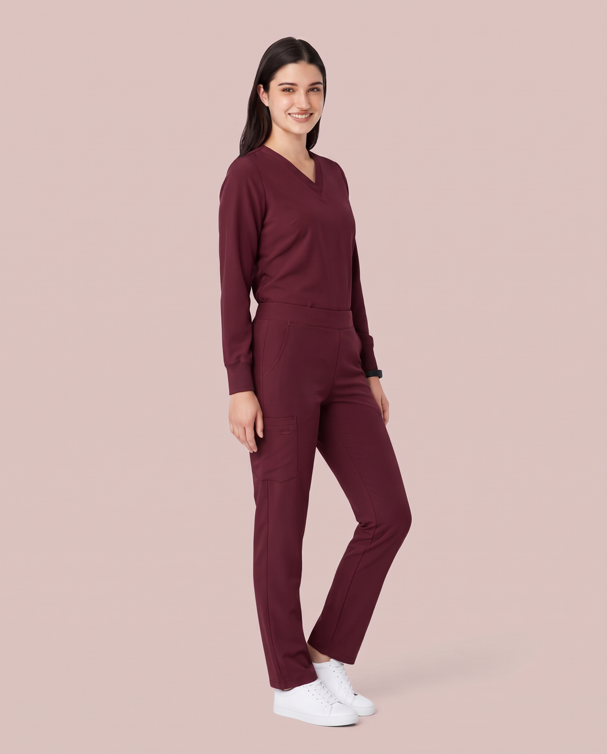 Long-Sleeve 6-Pocket V-neck Top Burgundy