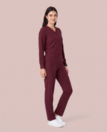 Long-Sleeve 6-Pocket V-neck Top Burgundy