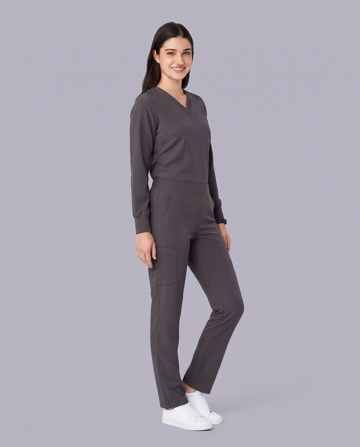 Long-Sleeve 6-Pocket V-neck Top Pewter