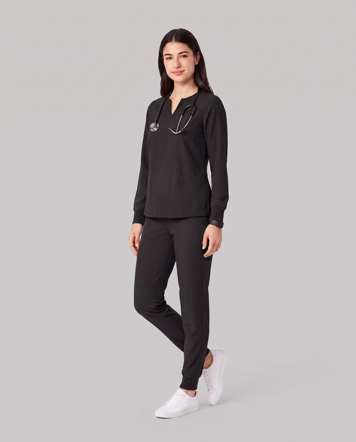 Long-Sleeve Notch Neck Top Black