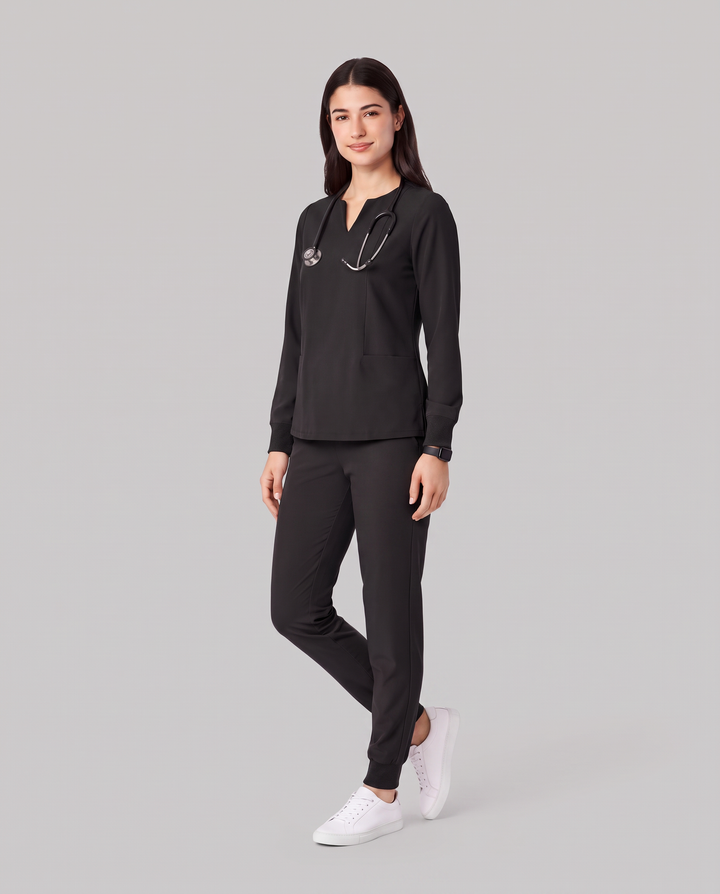 Long-Sleeve Notch Neck Top Black