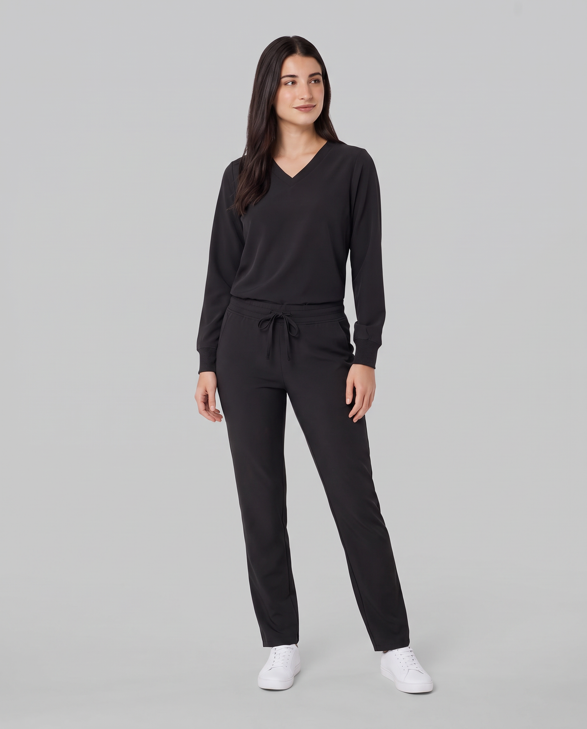 Long-Sleeve 6-Pocket V-neck Top Black