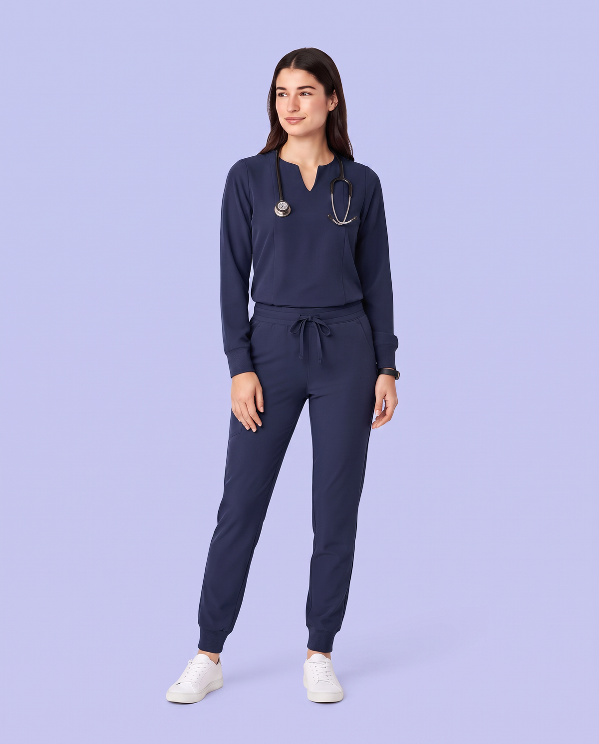 Long-Sleeve Notch Neck Top Navy