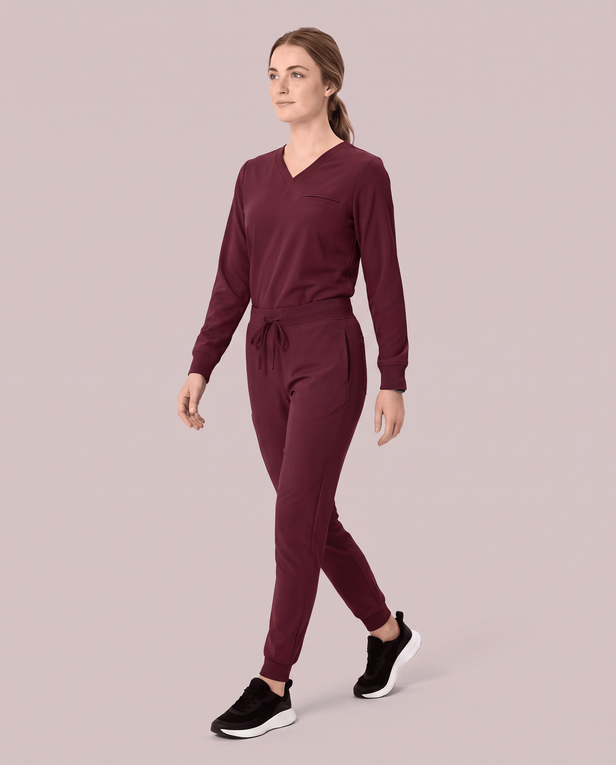 Long-Sleeve One-Pocket V-neck Top Burgundy