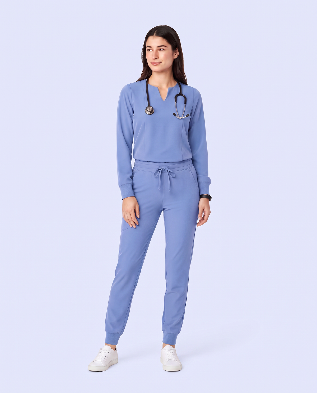 Long-Sleeve Notch Neck Top Ceil Blue