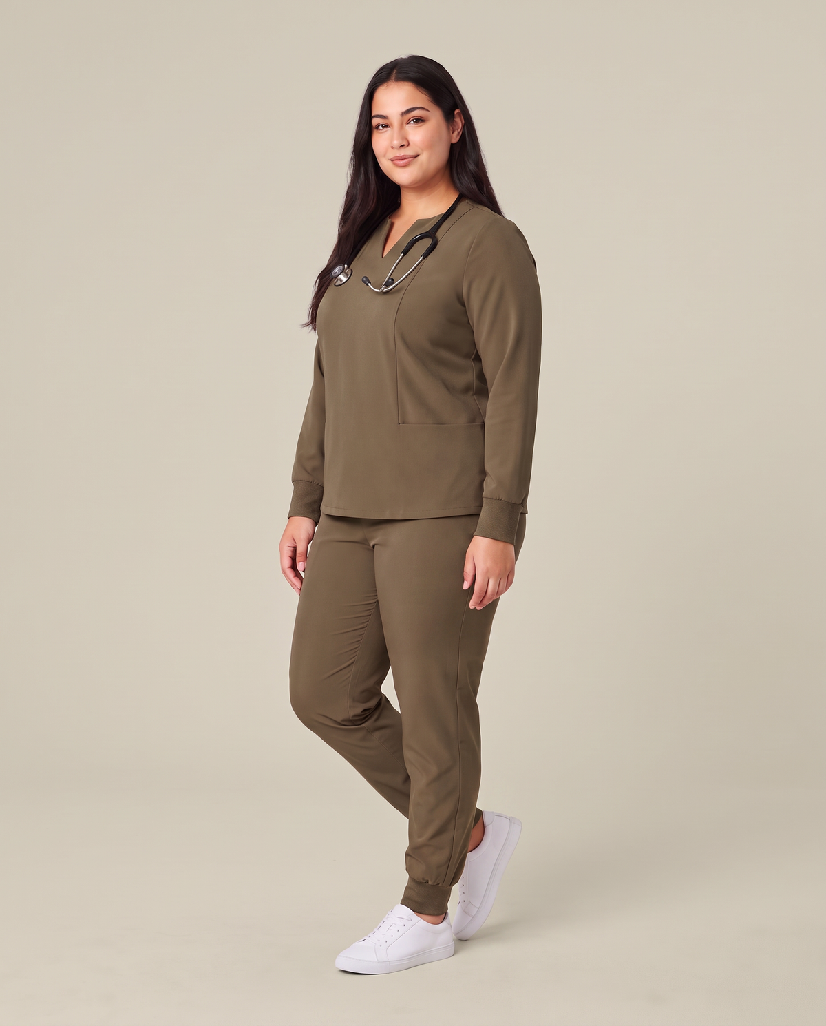 Long-Sleeve Notch Neck Top Olive