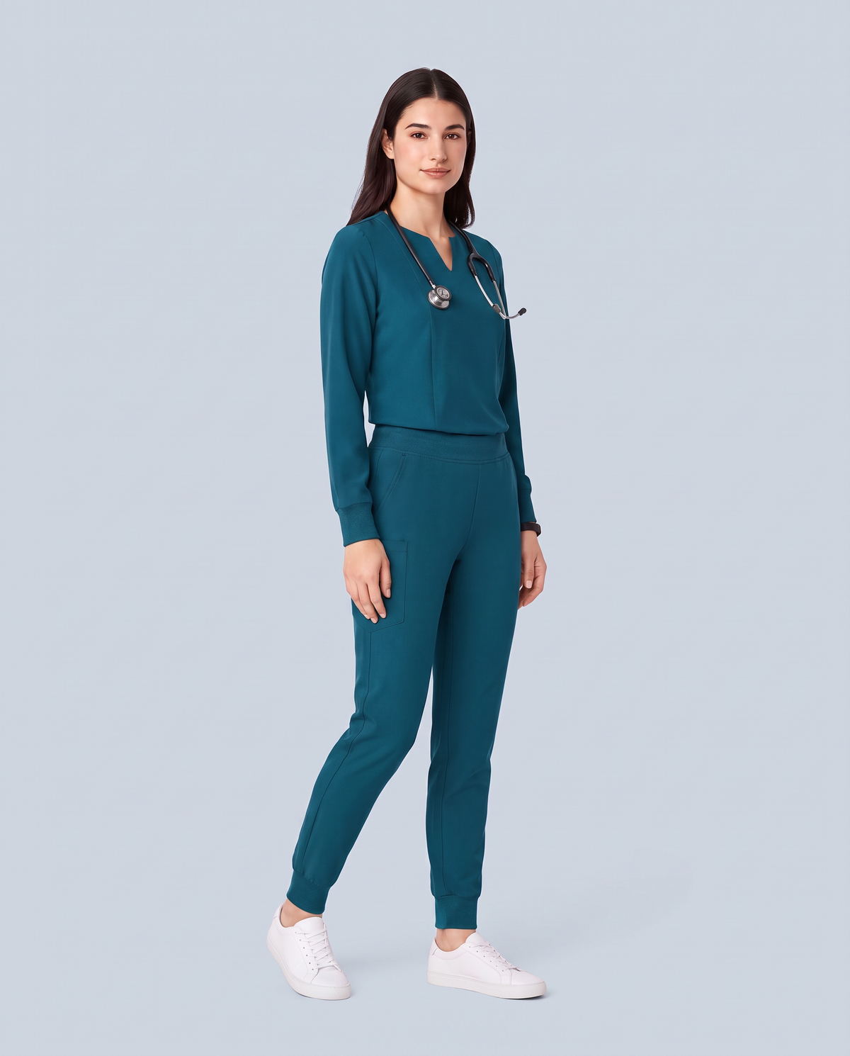Long-Sleeve Notch Neck Top Caribbean Blue