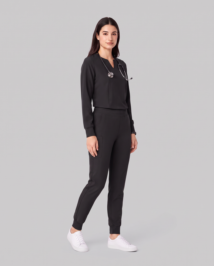 Long-Sleeve Notch Neck Top Black