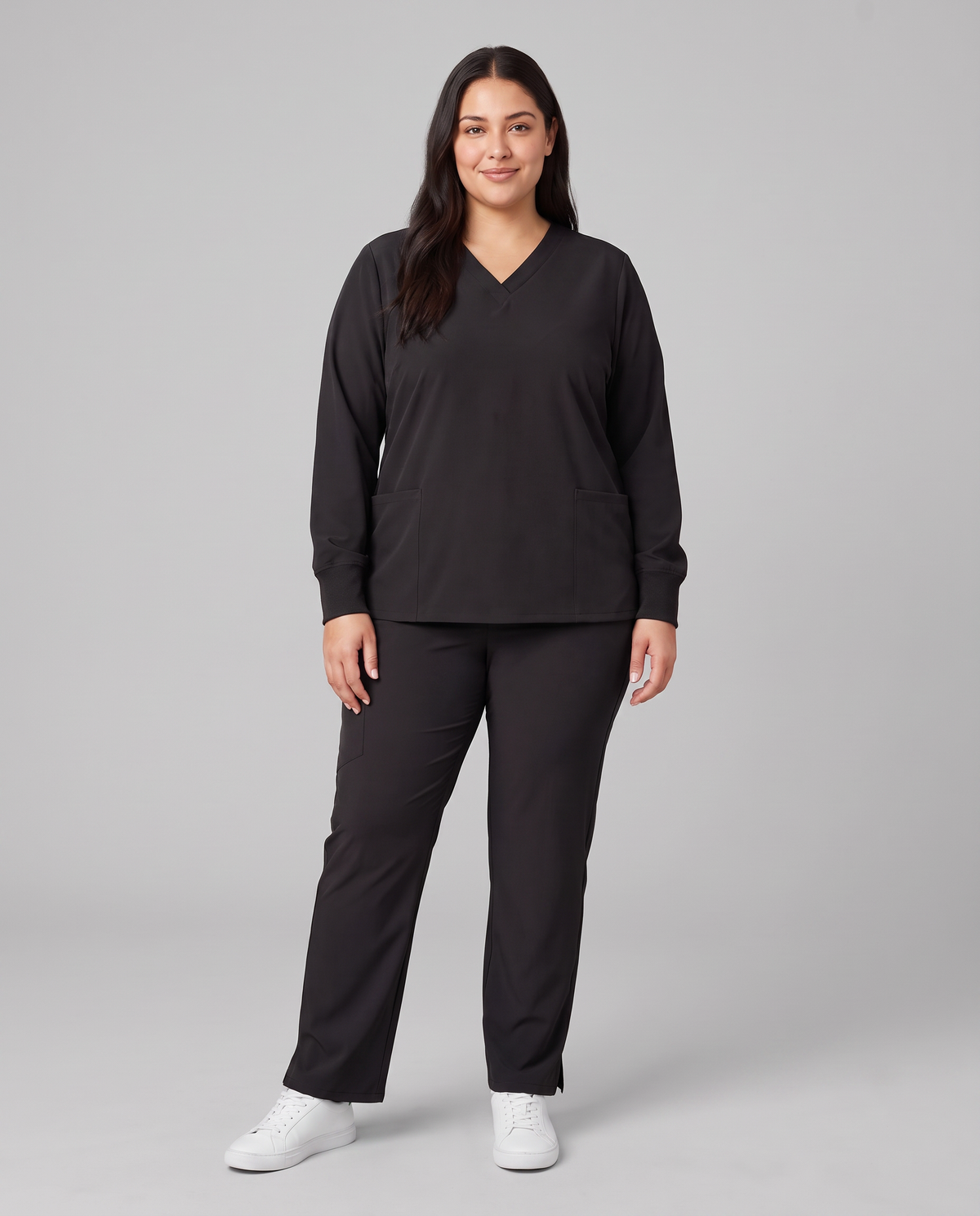 Long-Sleeve 6-Pocket V-neck Top Black