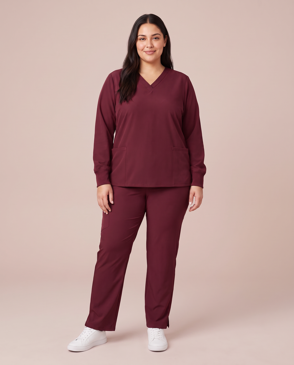 Long-Sleeve 6-Pocket V-neck Top Burgundy