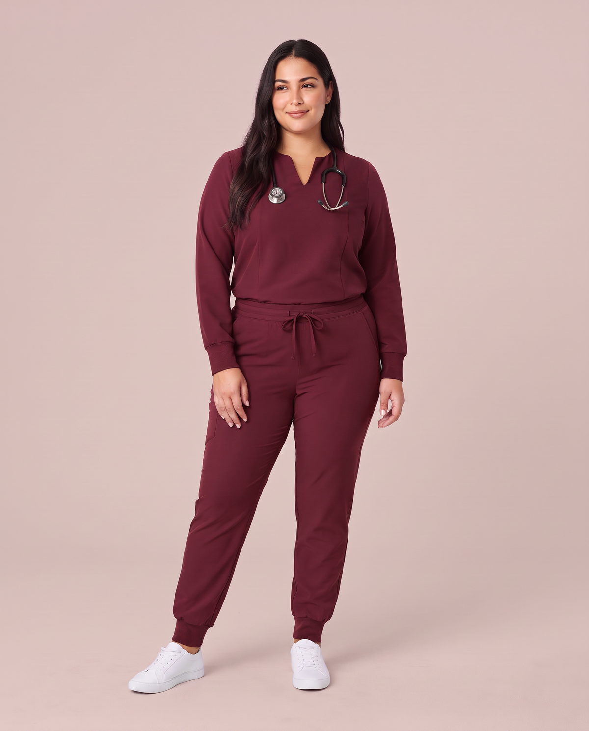 Long-Sleeve Notch Neck Top Burgundy