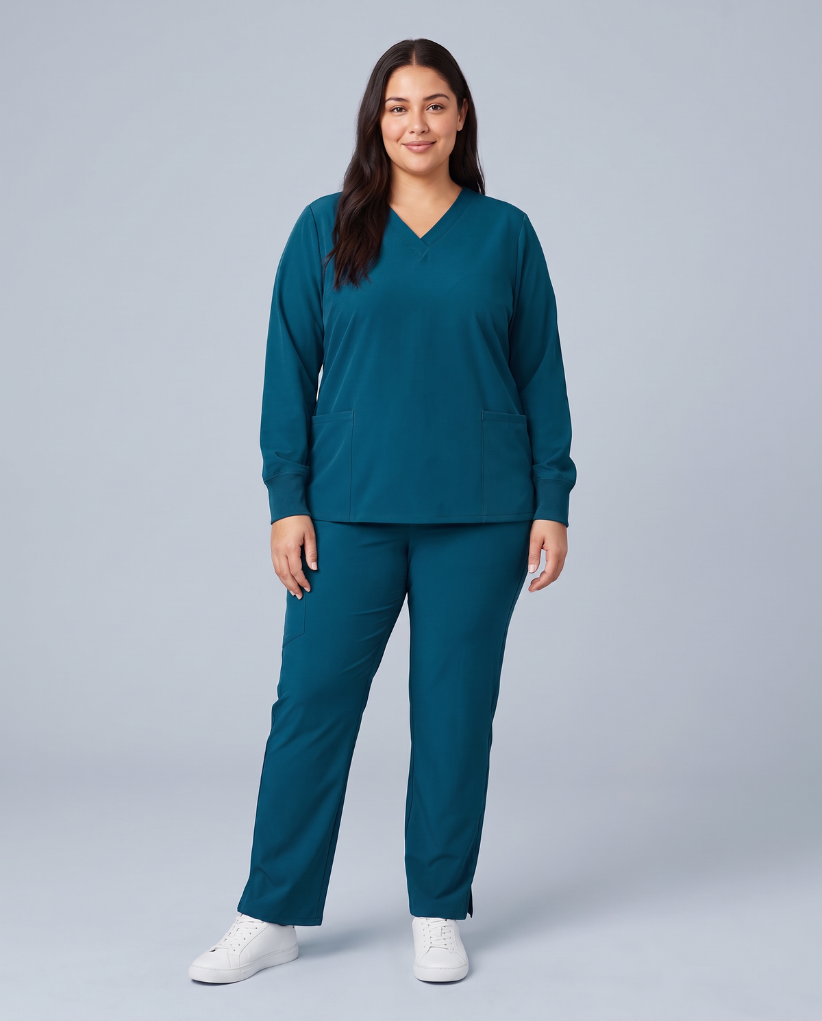 Long-Sleeve 6-Pocket V-neck Top Caribbean Blue