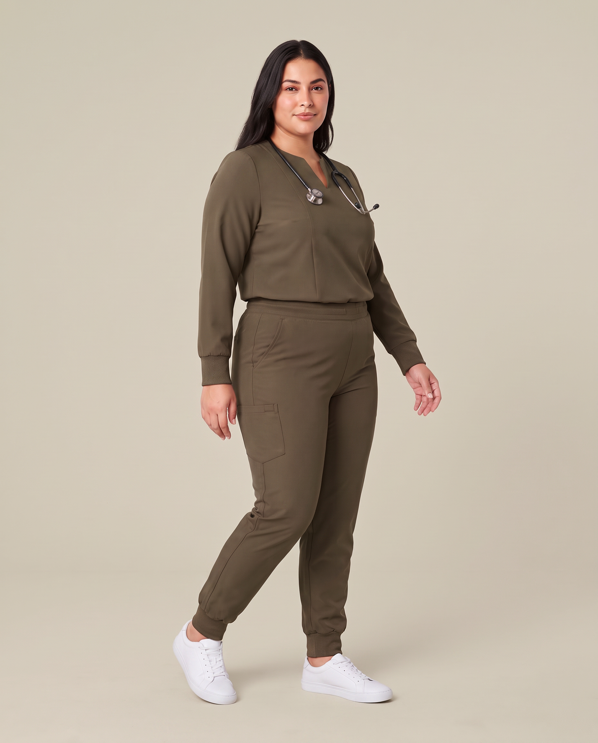 Long-Sleeve Notch Neck Top Olive