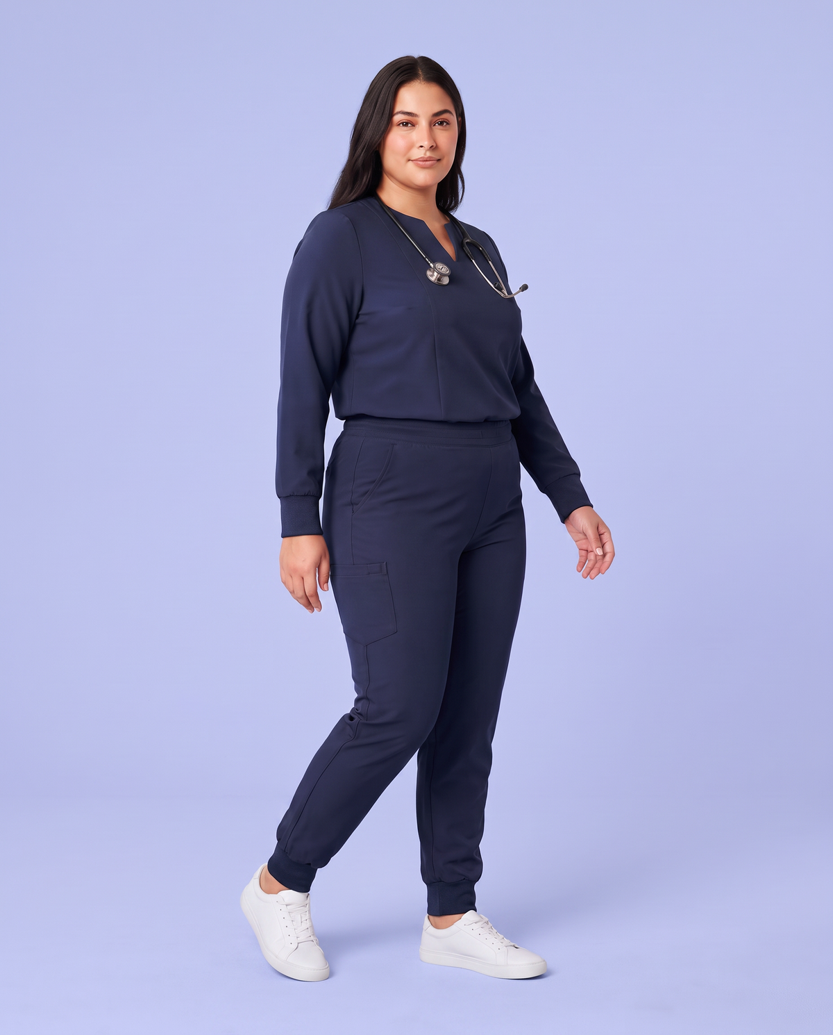 Long-Sleeve Notch Neck Top Navy