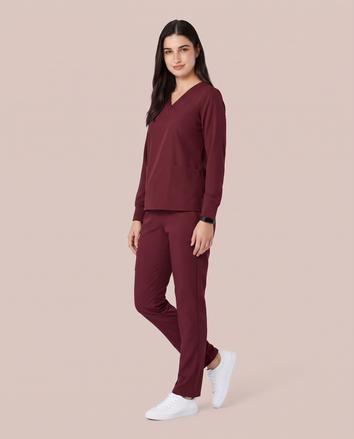 Long-Sleeve 6-Pocket V-neck Top Burgundy