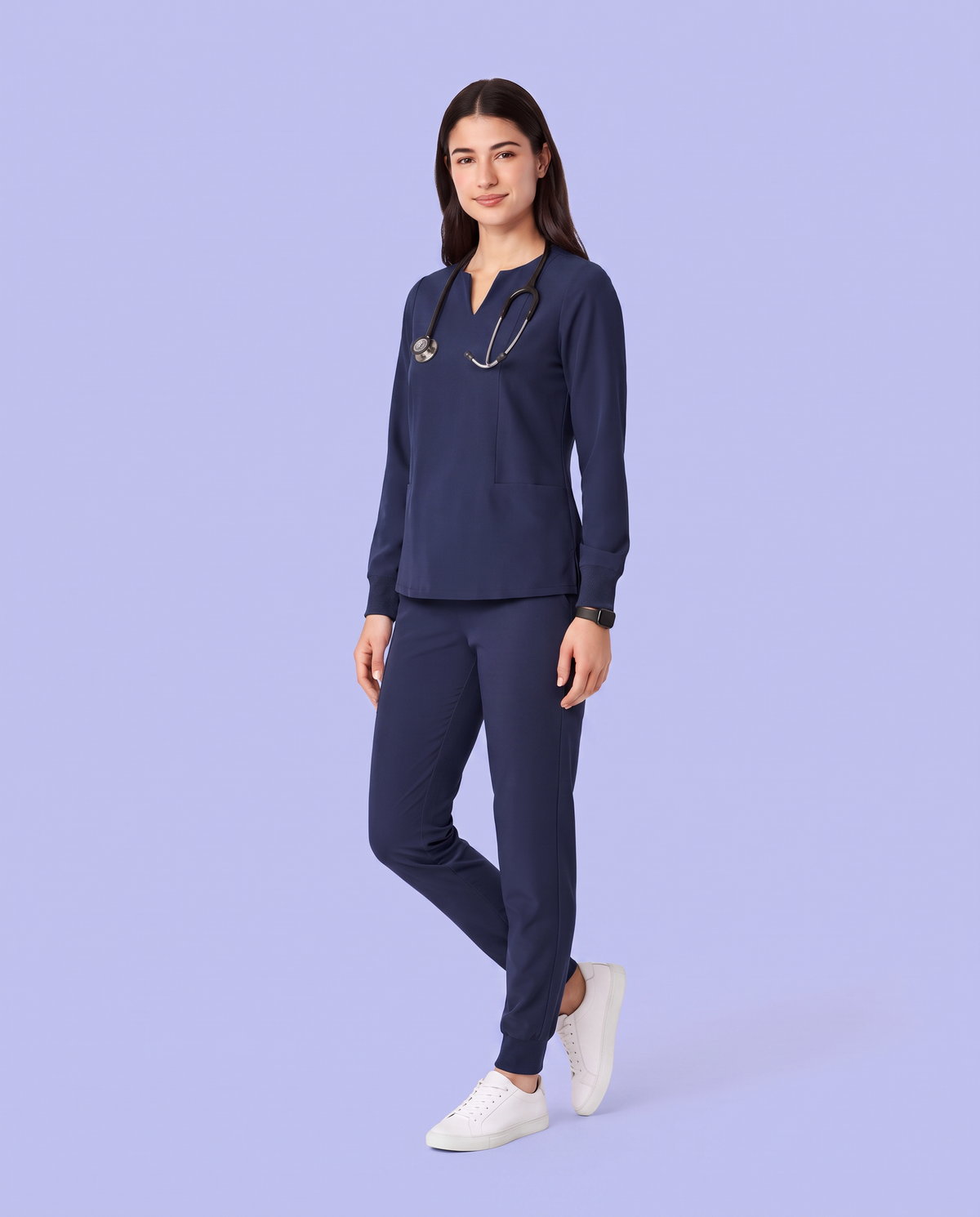 Long-Sleeve Notch Neck Top Navy