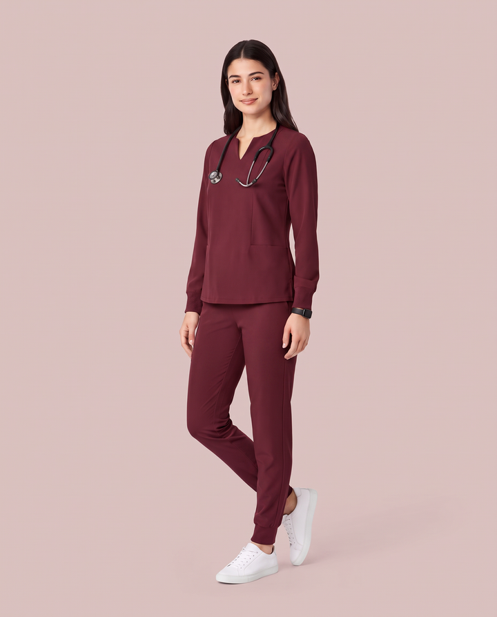 Long-Sleeve Notch Neck Top Burgundy
