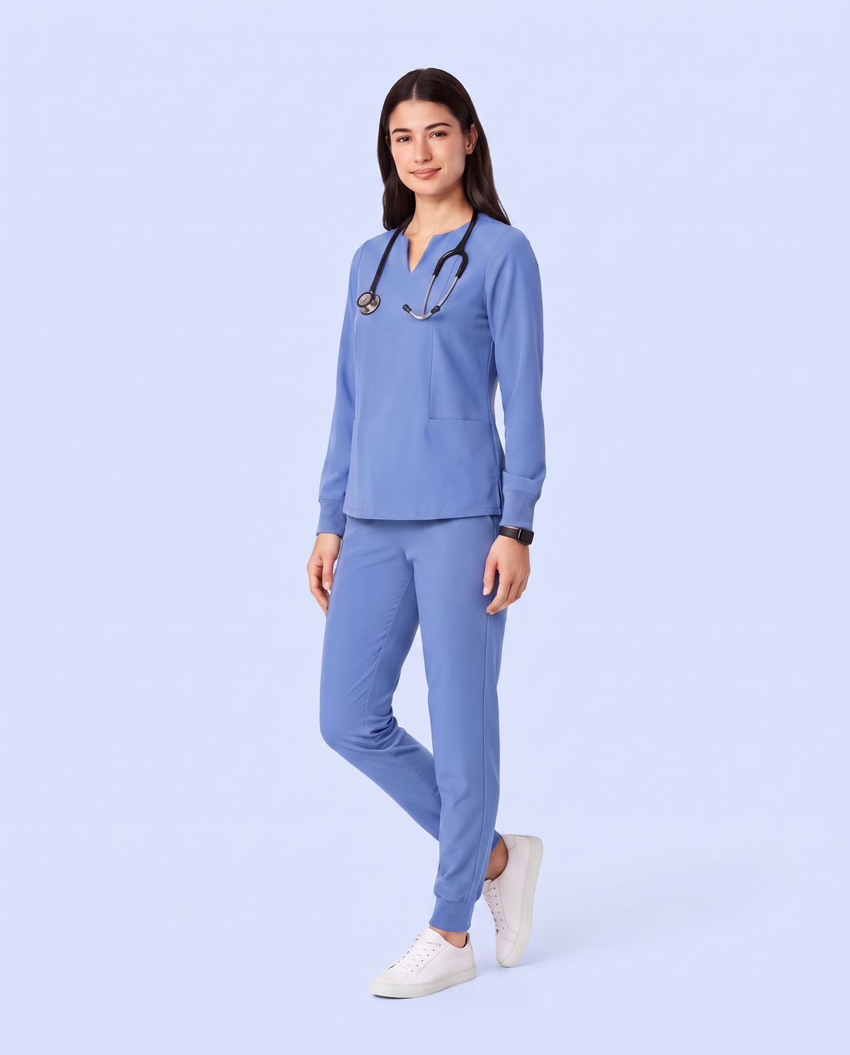 Long-Sleeve Notch Neck Top Ceil Blue
