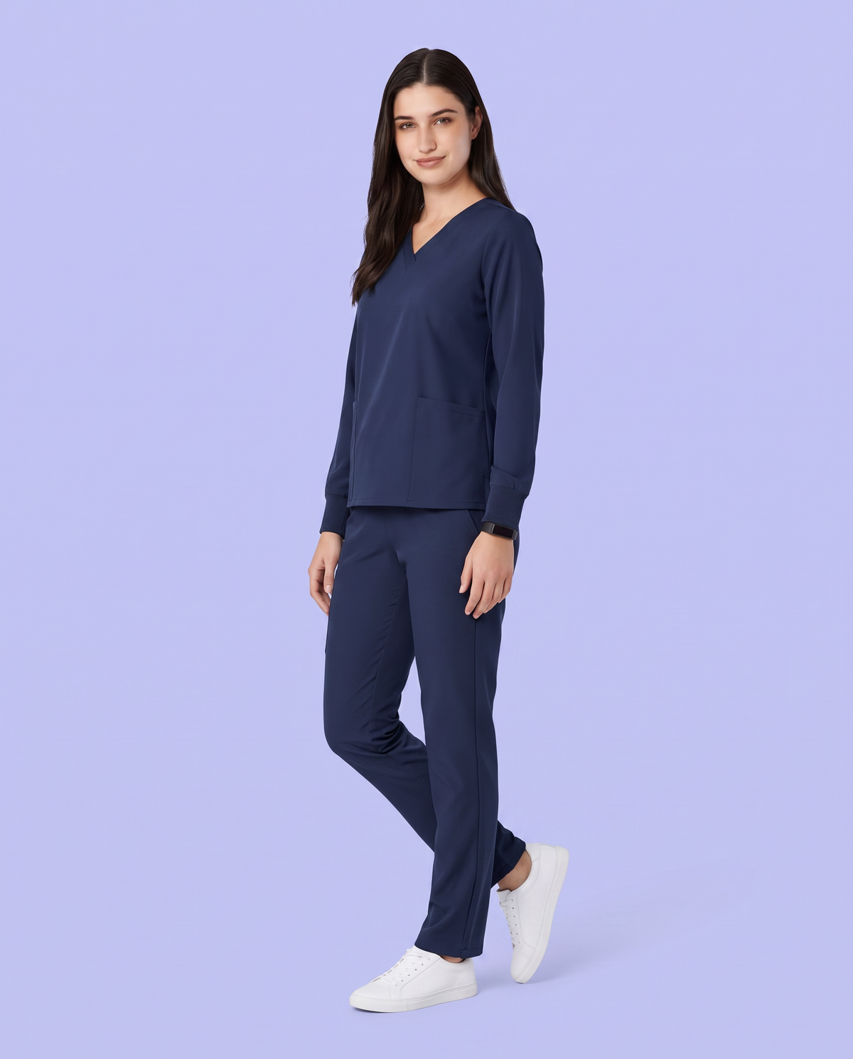 Long-Sleeve 6-Pocket V-neck Top Navy