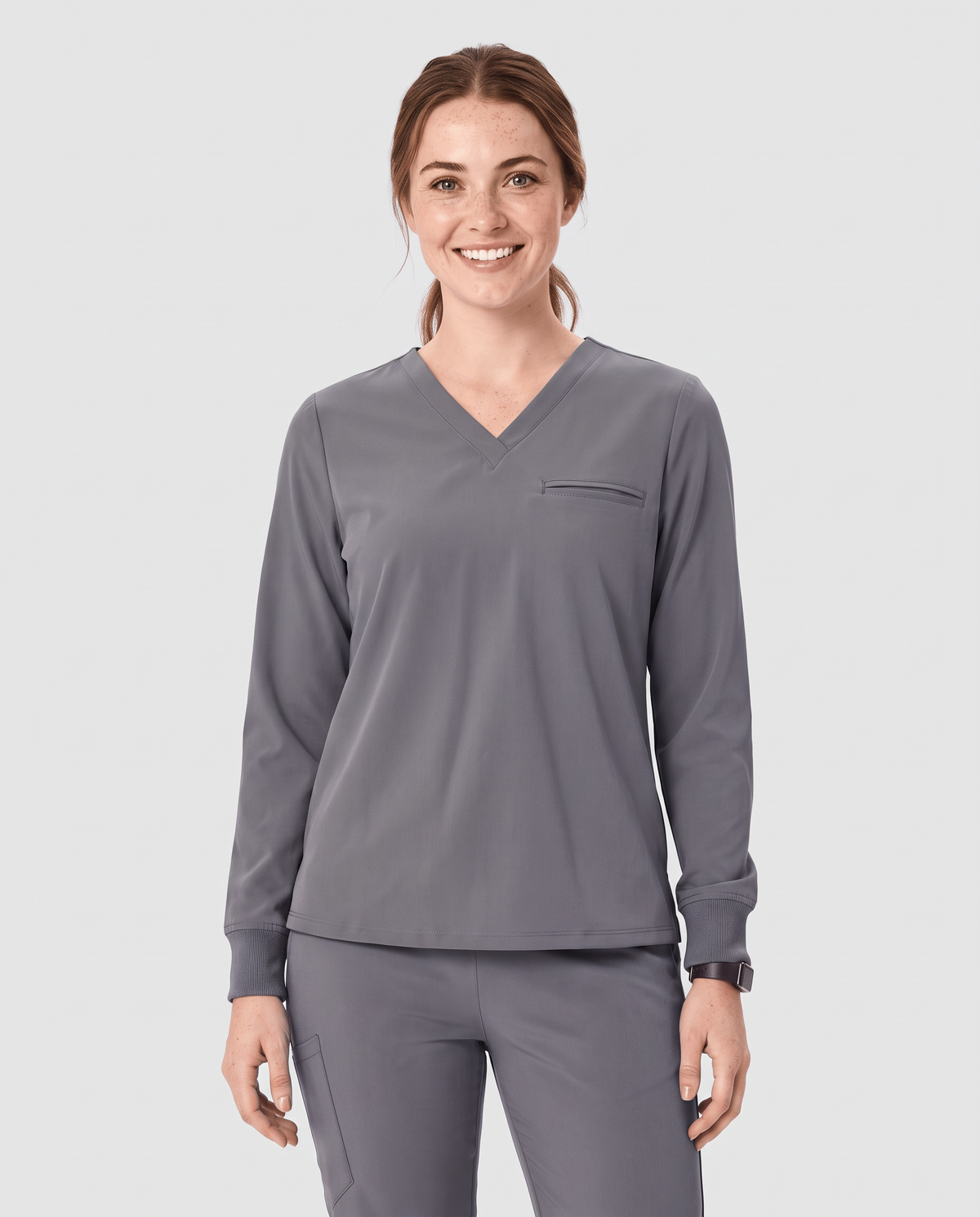 Long-Sleeve One-Pocket V-neck Top Heather Gray