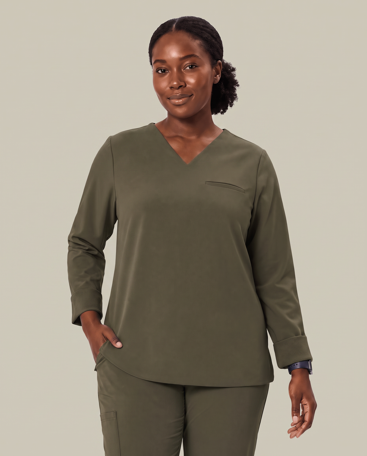 Long-Sleeve One-Pocket V-neck Top Olive