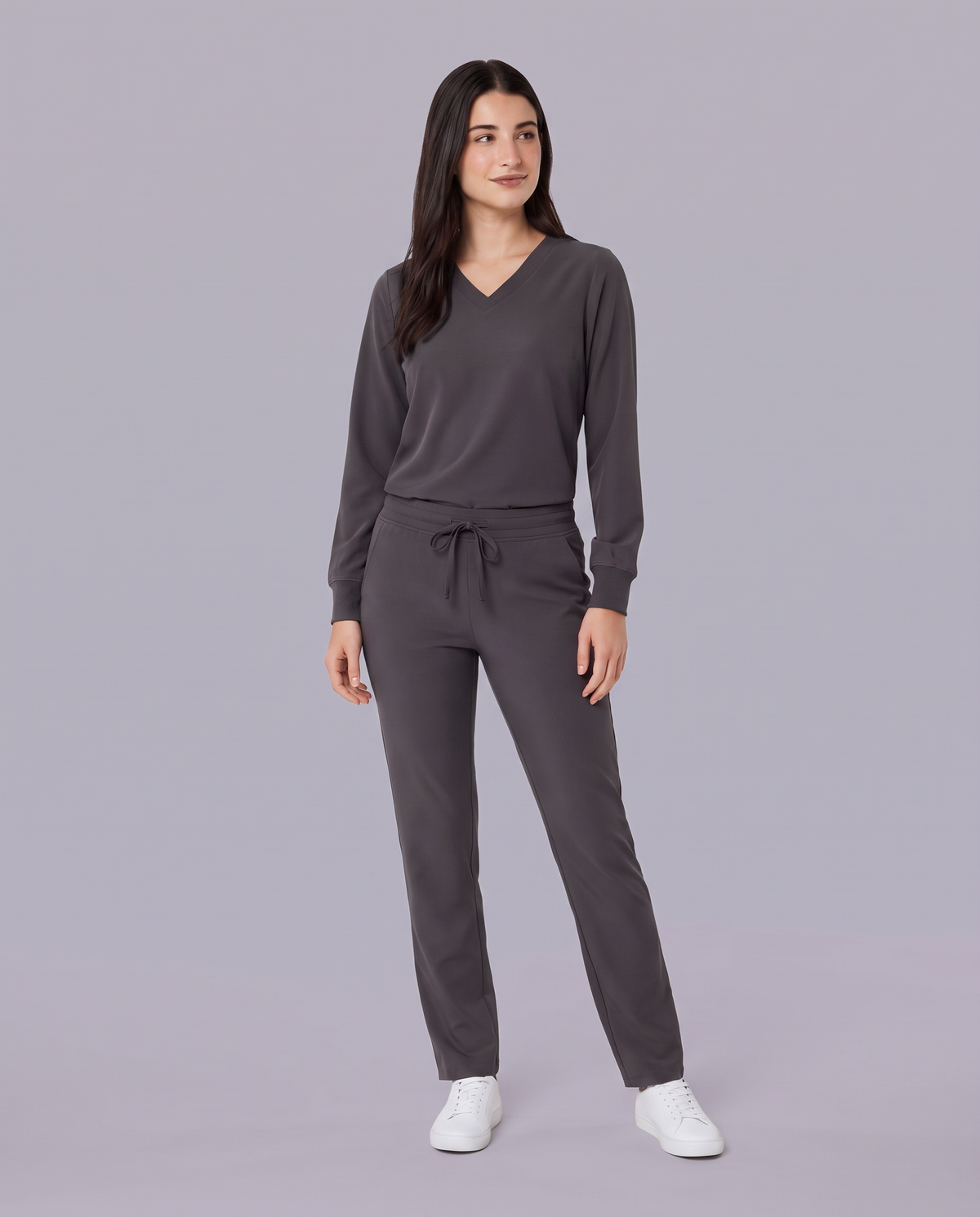Long-Sleeve 6-Pocket V-neck Top Pewter