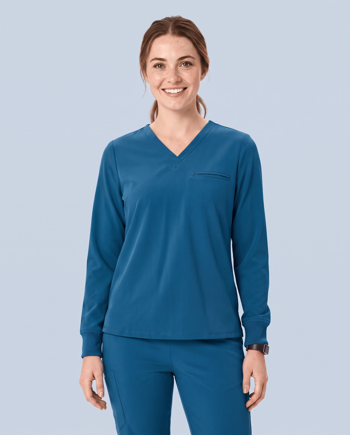 Long-Sleeve One-Pocket V-neck Top Caribbean Blue