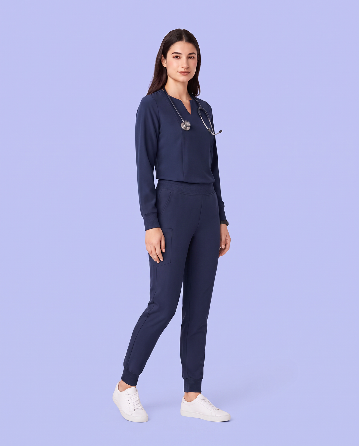 Long-Sleeve Notch Neck Top Navy
