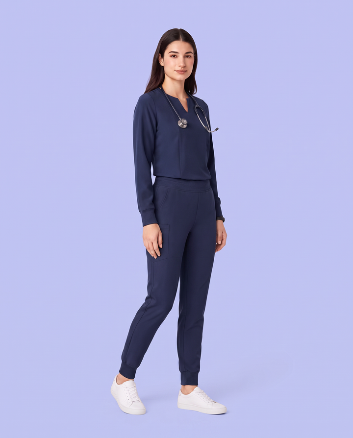 Long-Sleeve Notch Neck Top Navy