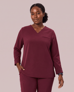 Long-Sleeve One-Pocket V-neck Top Burgundy