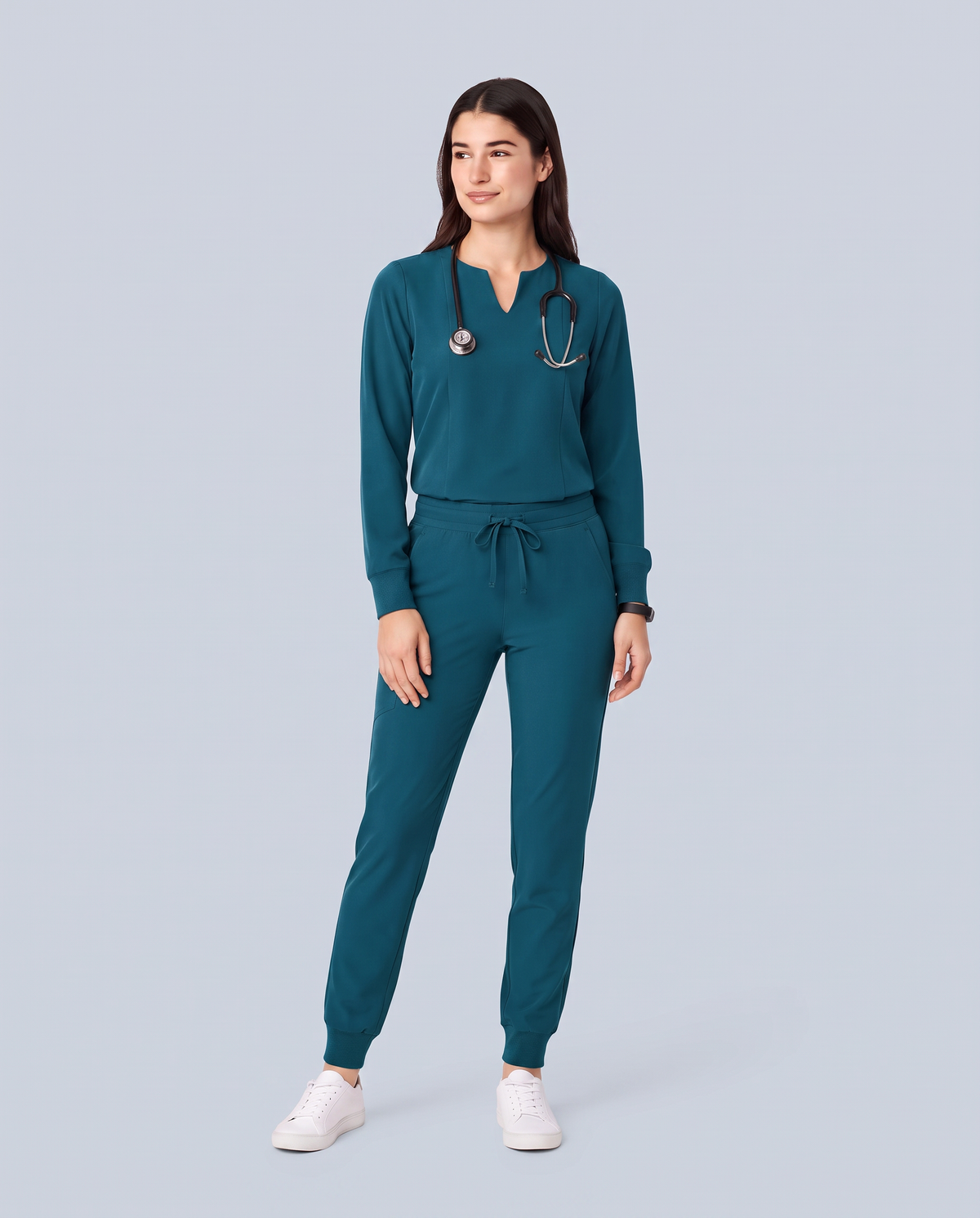 Long-Sleeve Notch Neck Top Caribbean Blue