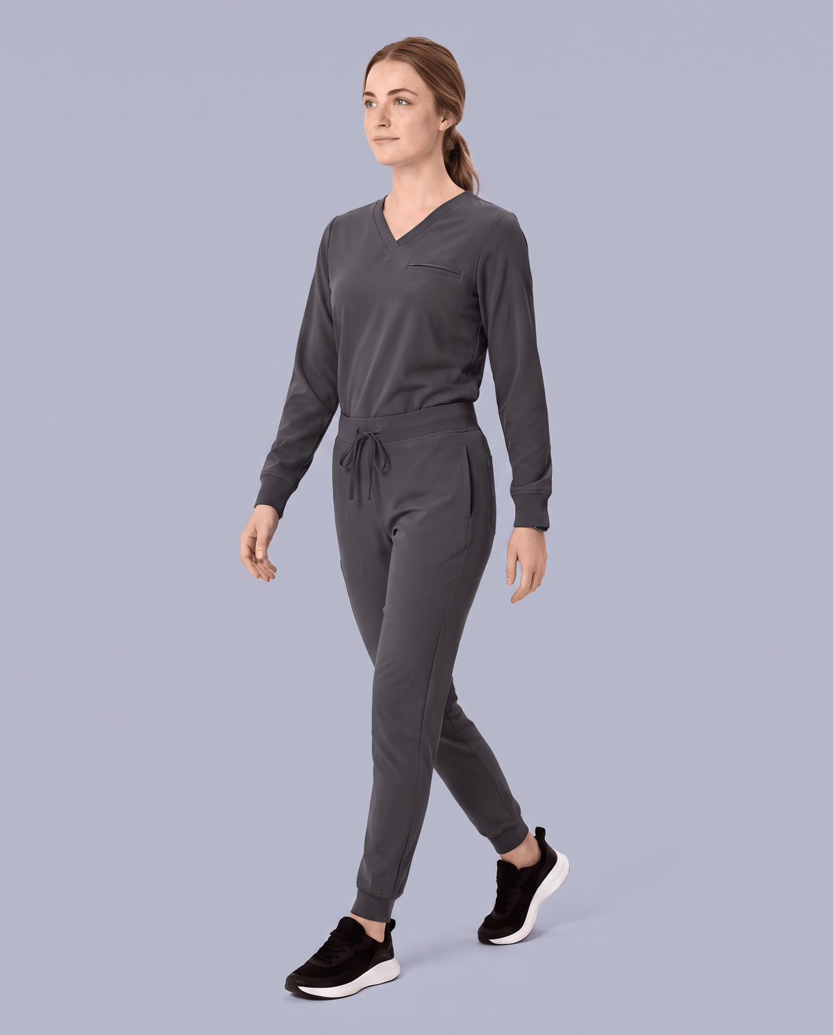 Long-Sleeve One-Pocket V-neck Top Pewter