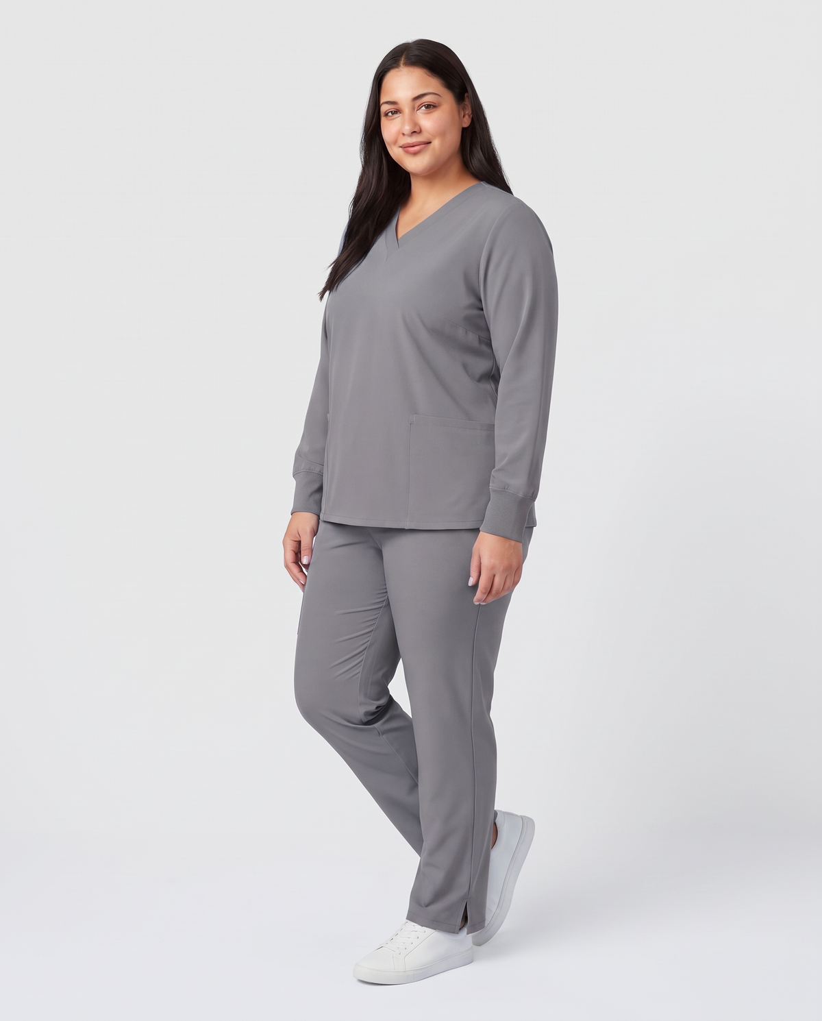 Long-Sleeve 6-Pocket V-neck Top Heather Gray