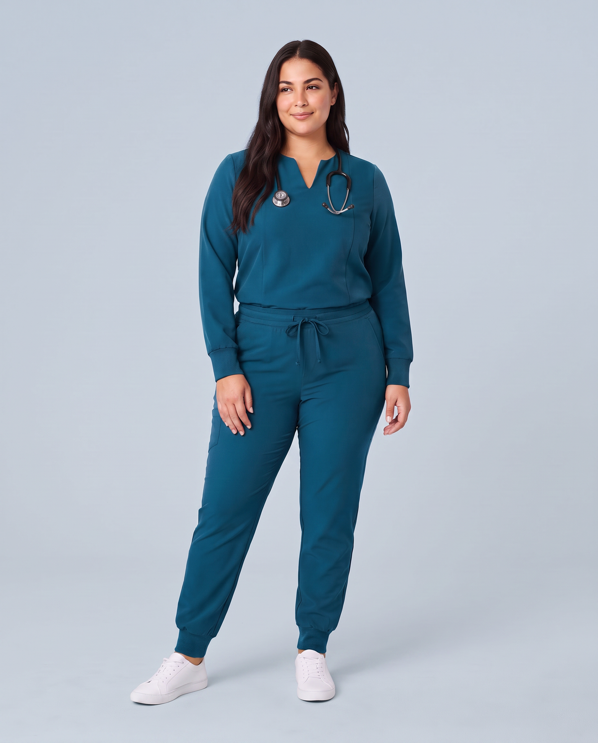 Long-Sleeve Notch Neck Top Caribbean Blue