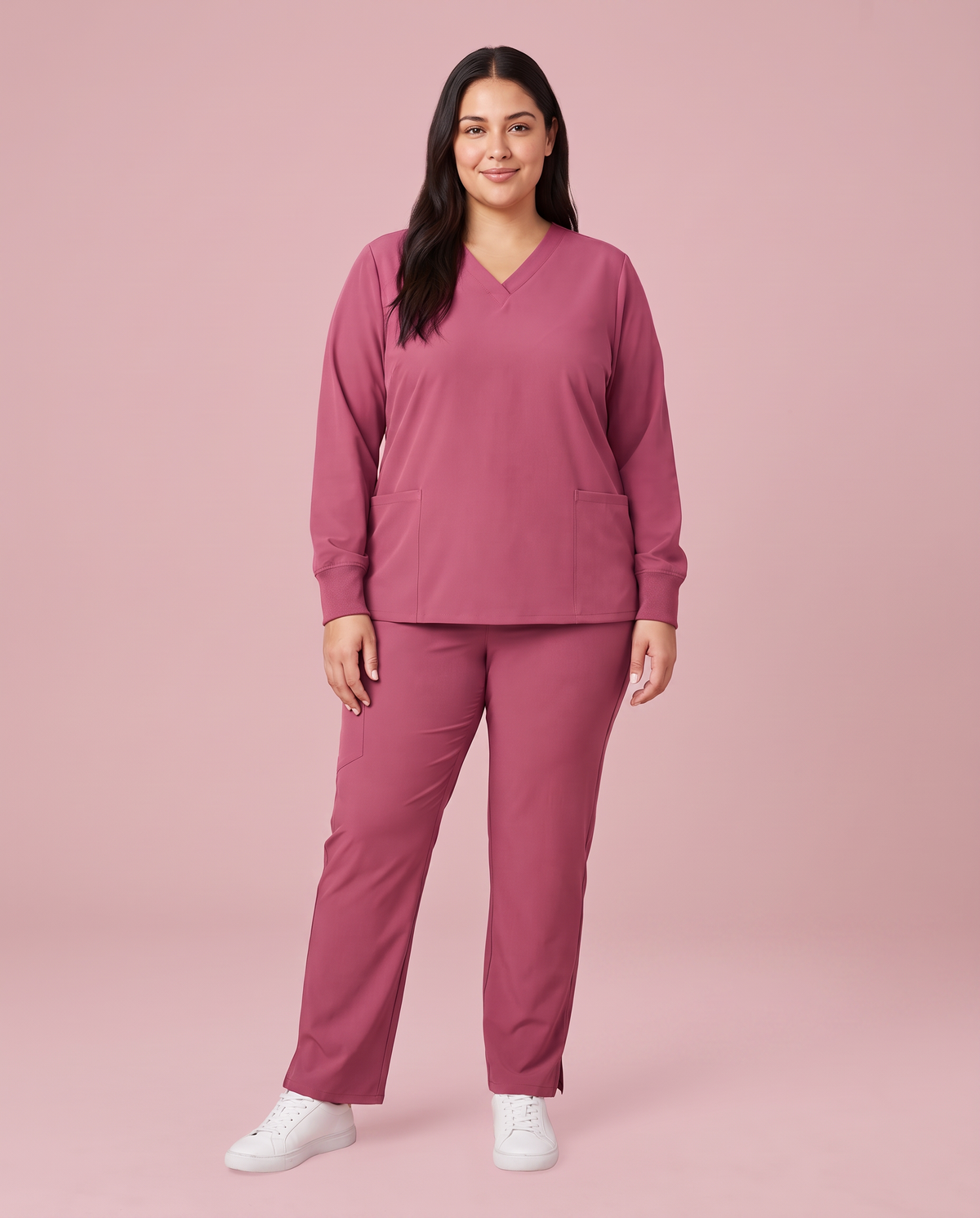 Long-Sleeve 6-Pocket V-neck Top Mauve
