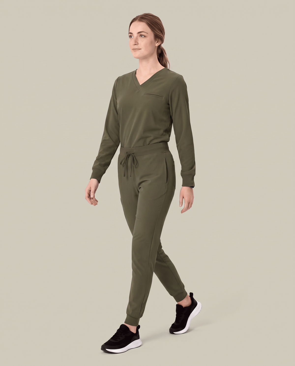 Long-Sleeve One-Pocket V-neck Top Olive