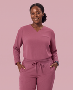 Long-Sleeve One-Pocket V-neck Top Mauve