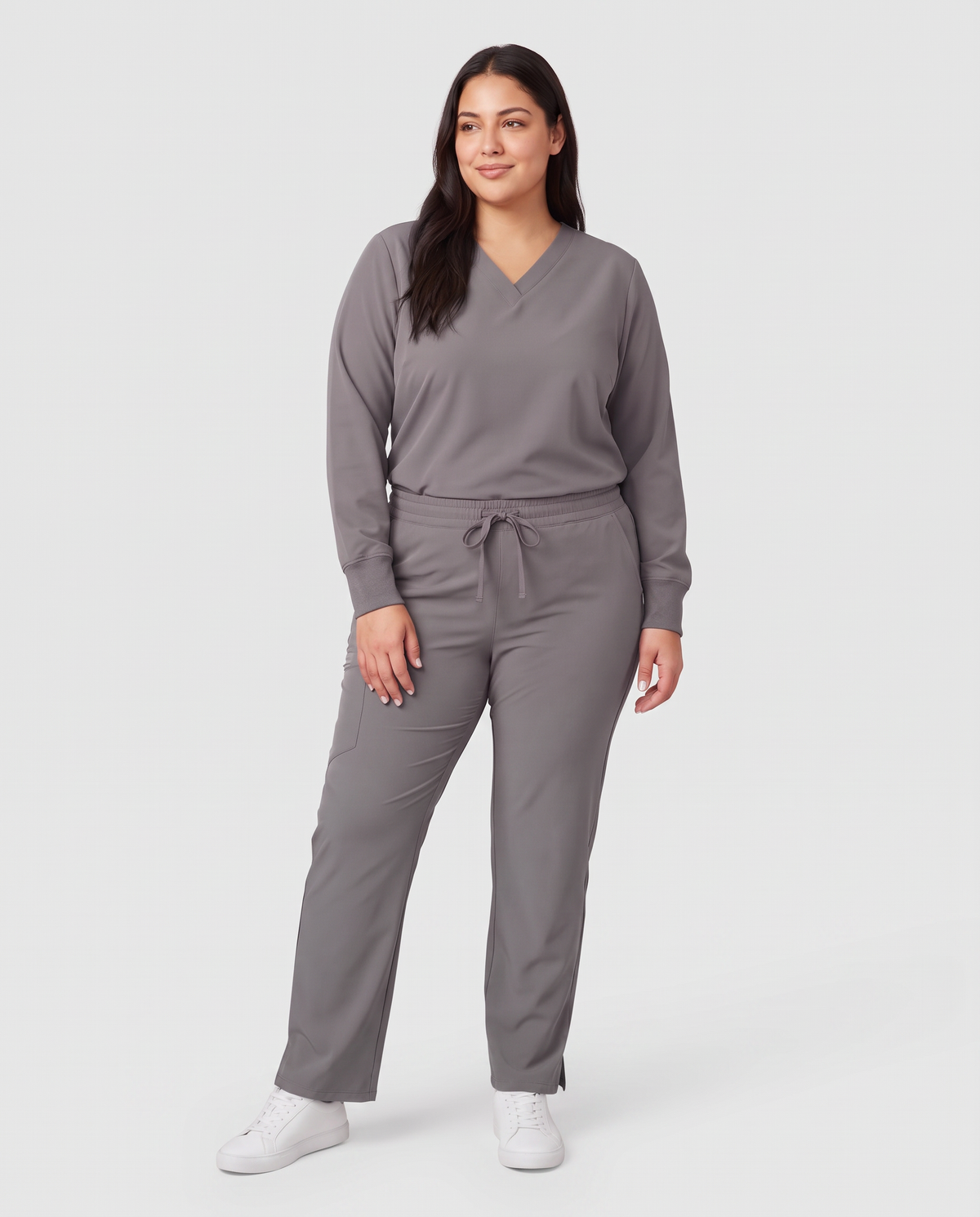 Long-Sleeve 6-Pocket V-neck Top Heather Gray