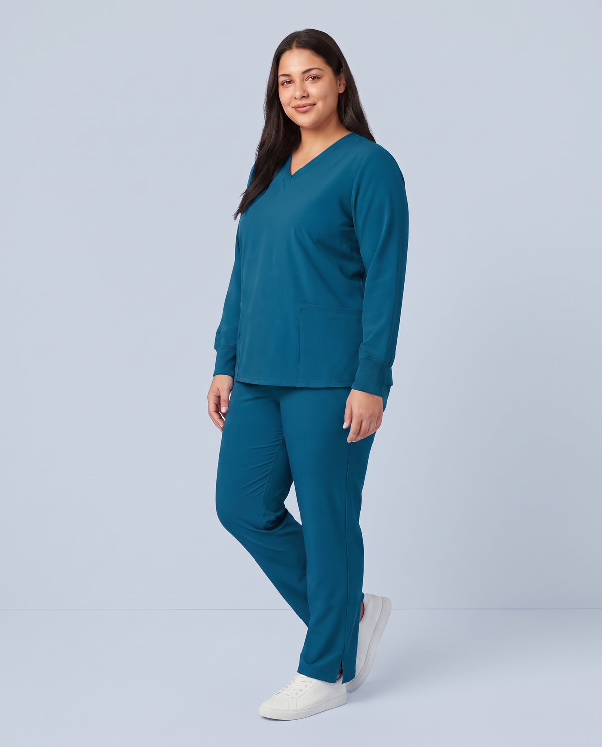 Long-Sleeve 6-Pocket V-neck Top Caribbean Blue