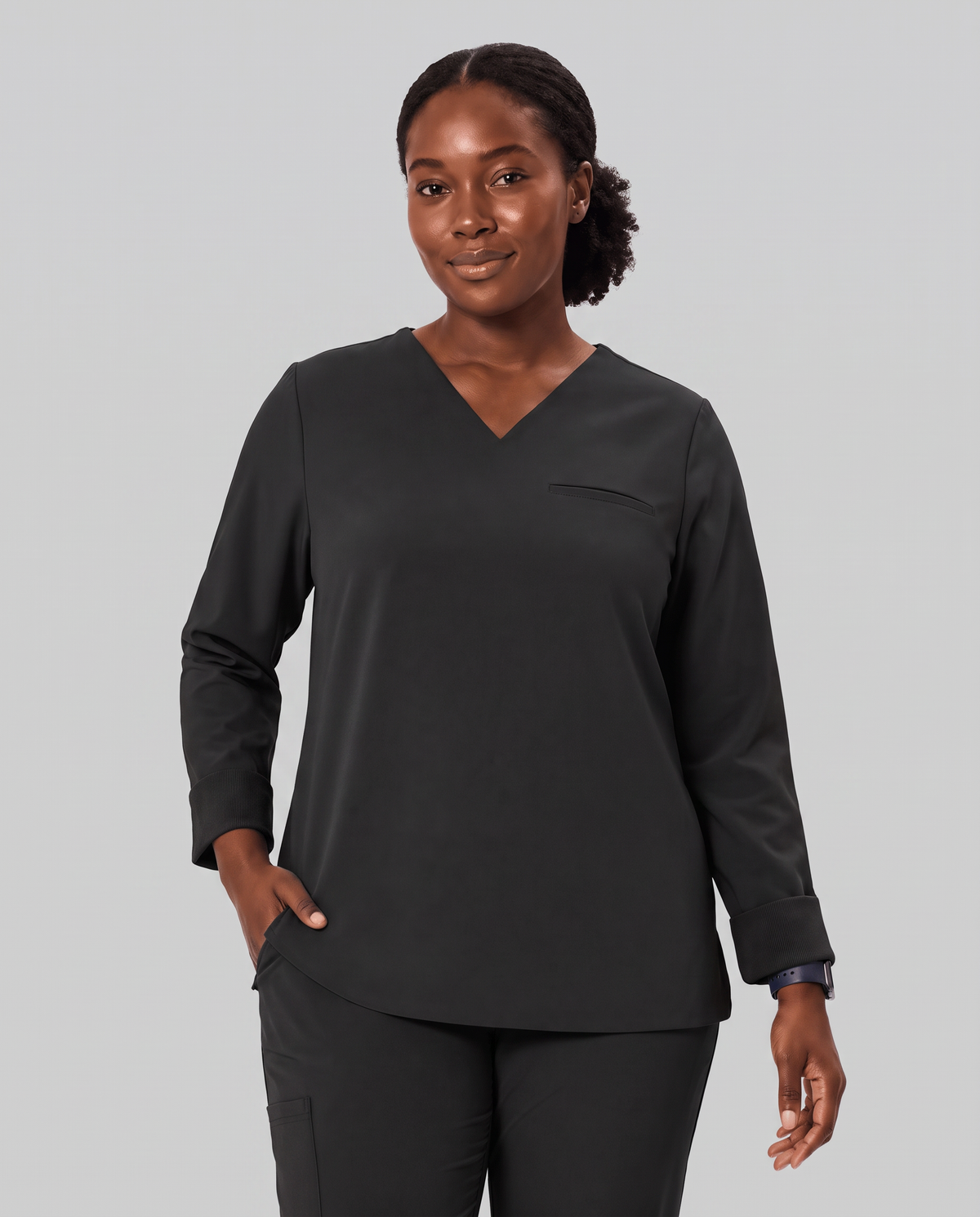 Long-Sleeve One-Pocket V-neck Top Black
