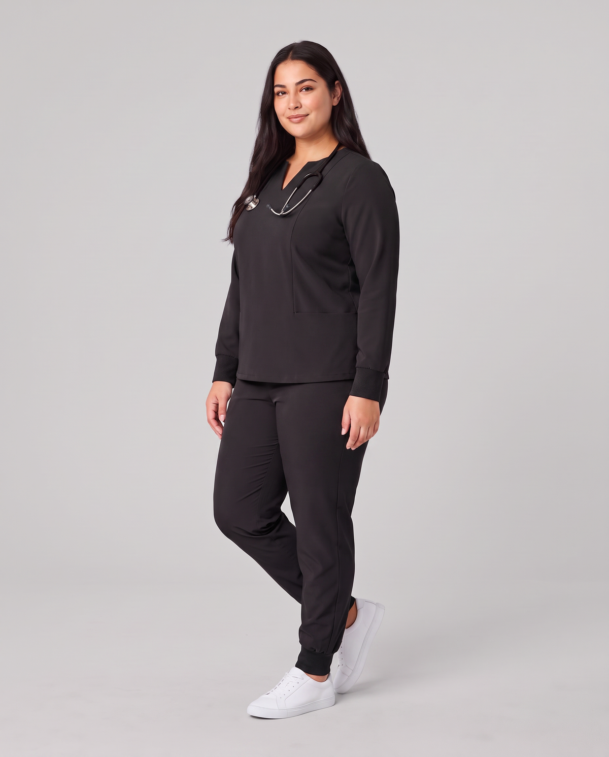 Long-Sleeve Notch Neck Top Black