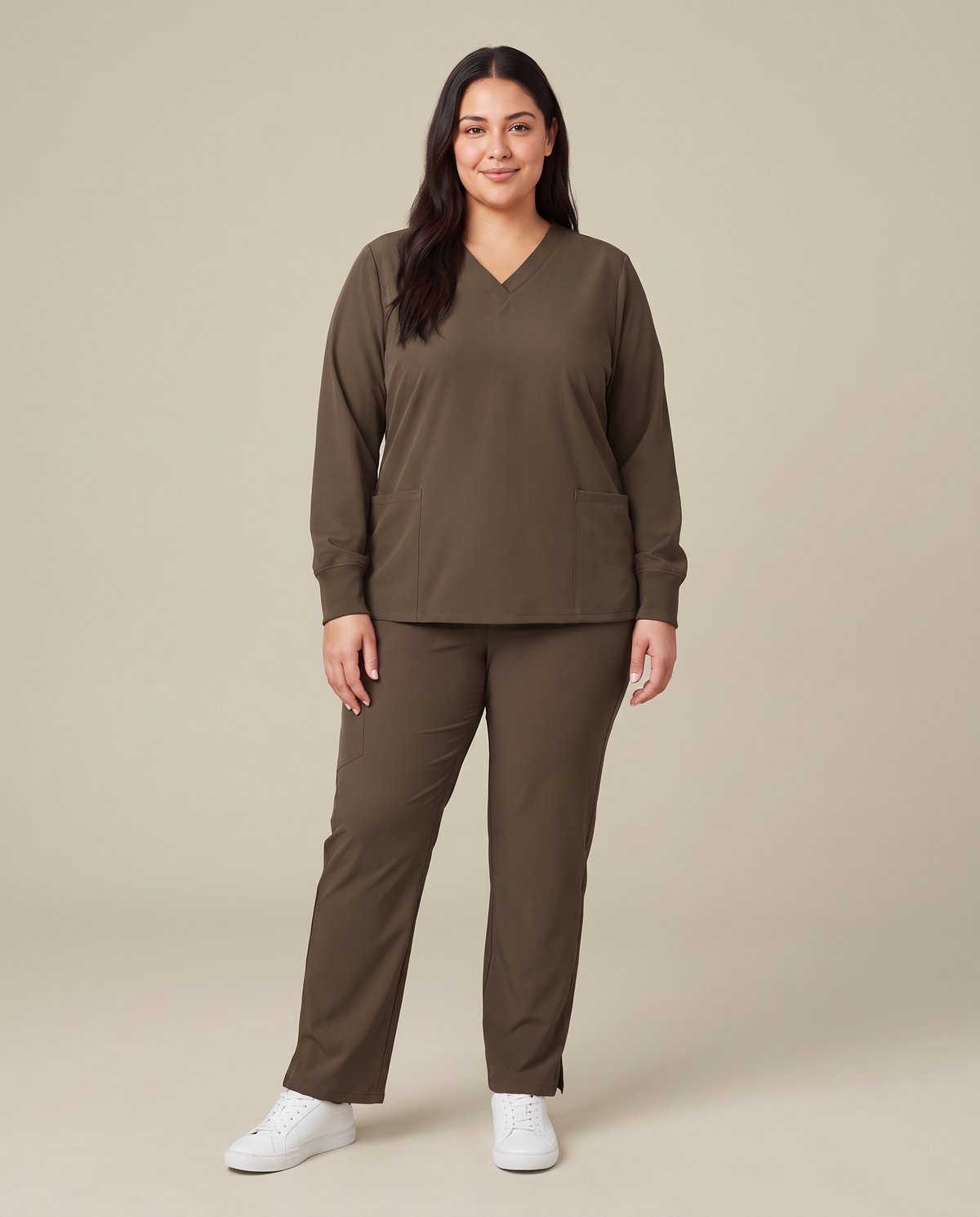 Long-Sleeve 6-Pocket V-neck Top Olive
