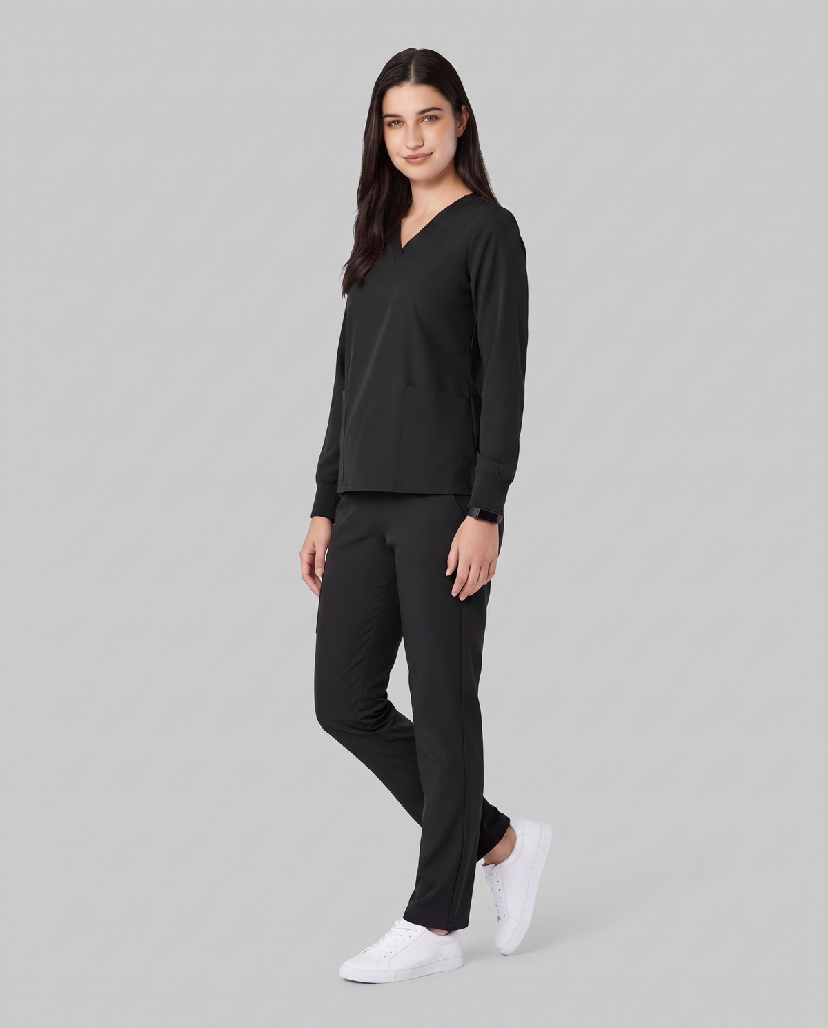 Long-Sleeve 6-Pocket V-neck Top Black