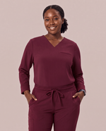 Long-Sleeve One-Pocket V-neck Top Burgundy