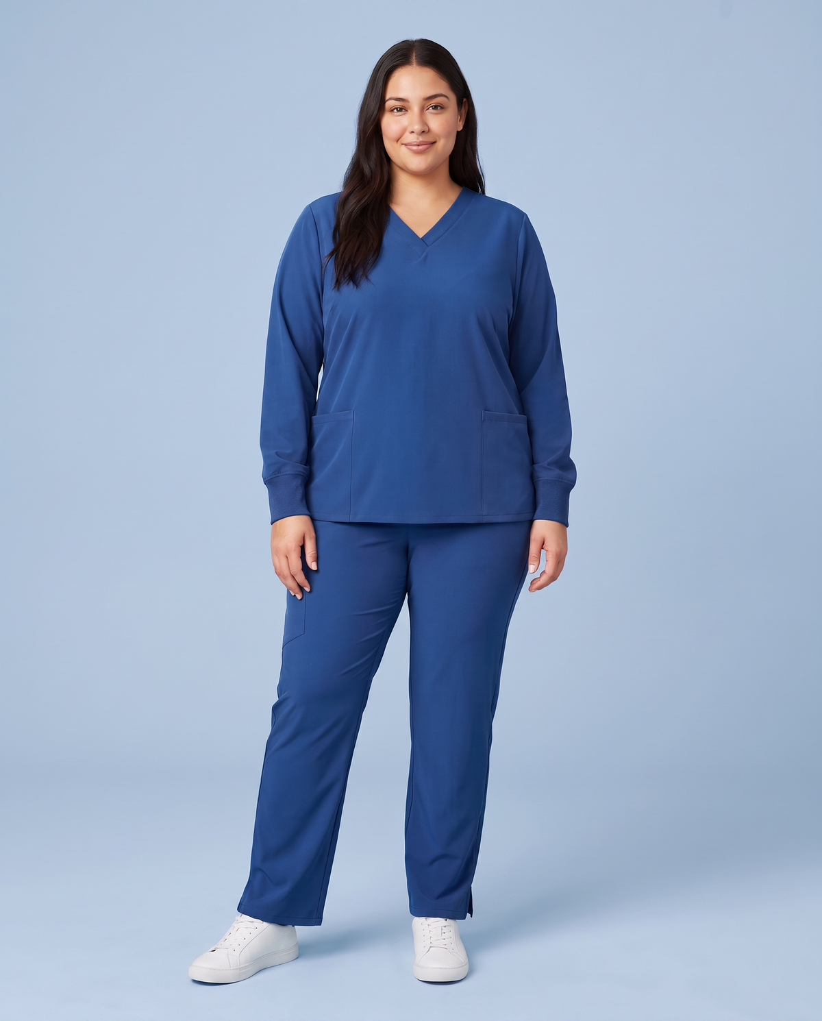 Long-Sleeve 6-Pocket V-neck Top Royal Blue