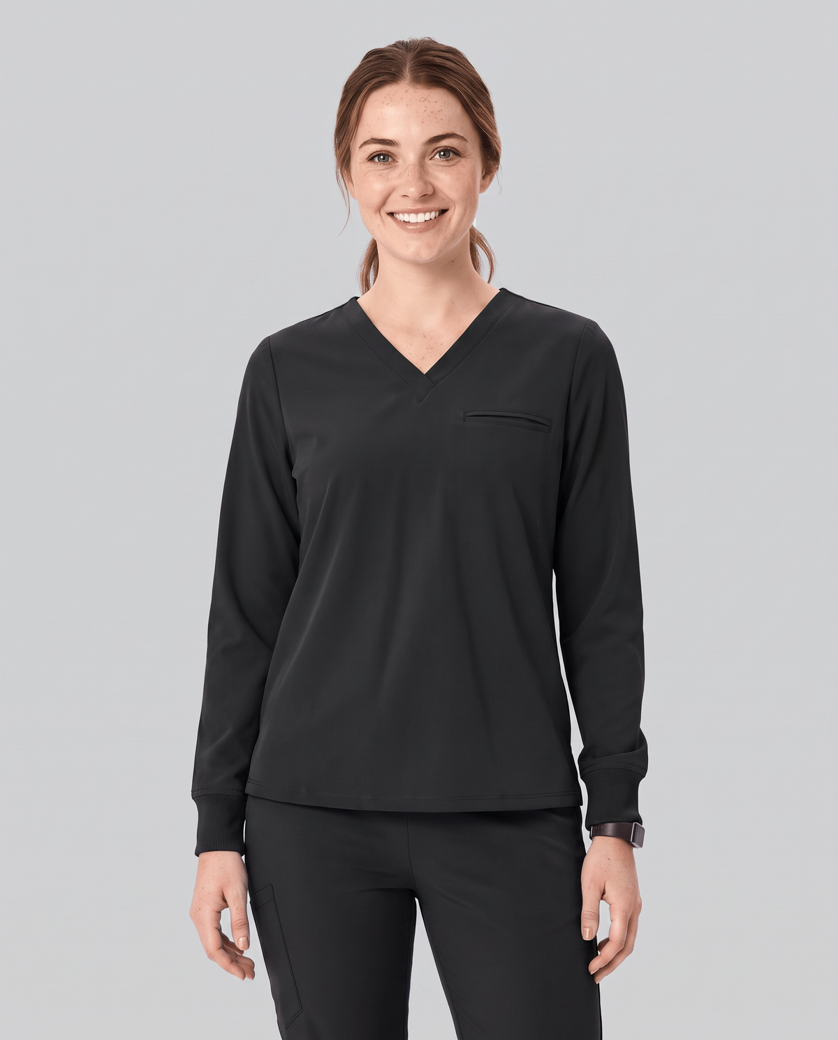 Long-Sleeve One-Pocket V-neck Top Black