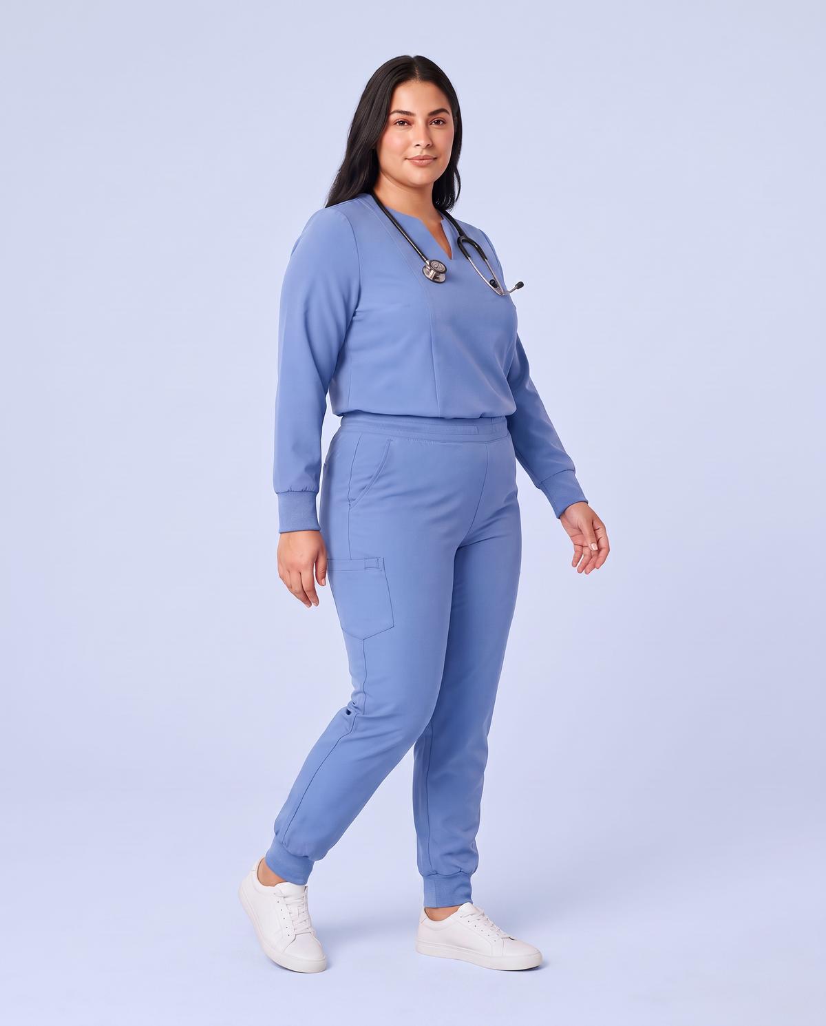 Long-Sleeve Notch Neck Top Ceil Blue