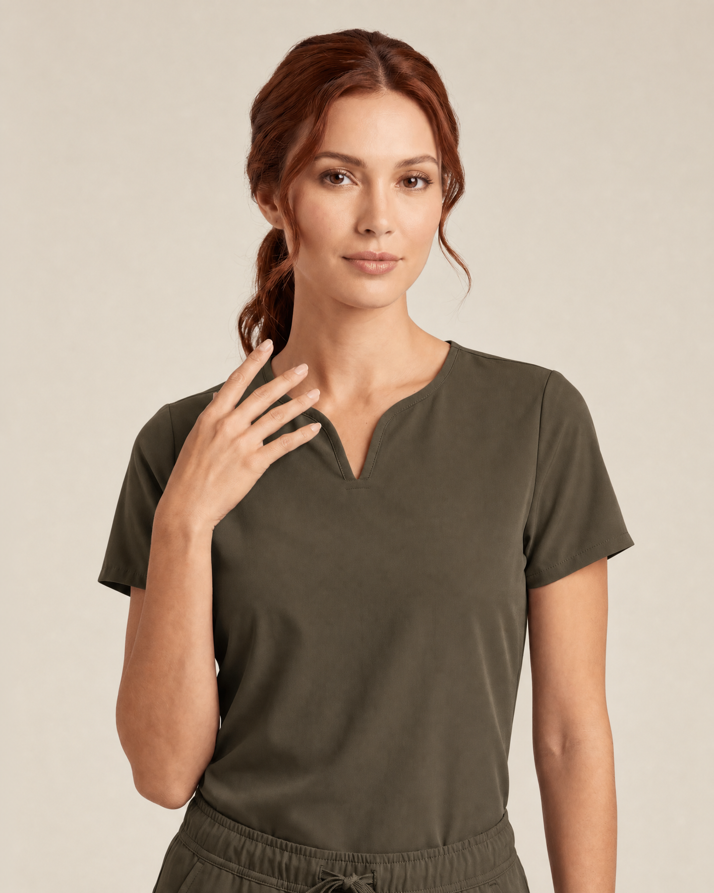 Women's Curved V-neck Top Olive